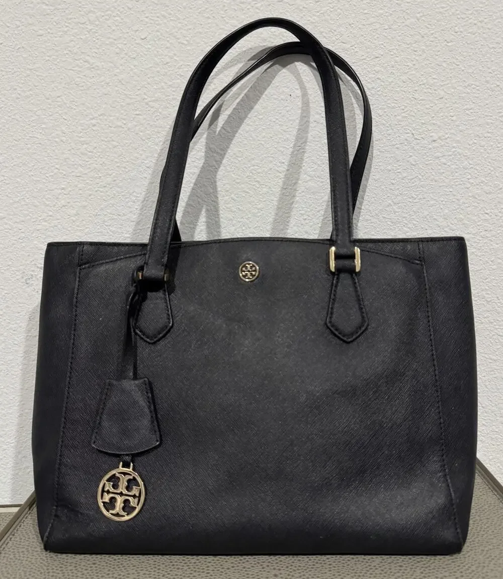 Tory Burch Black Saffiano Leather Robinson Tote Satchel Purse Bag